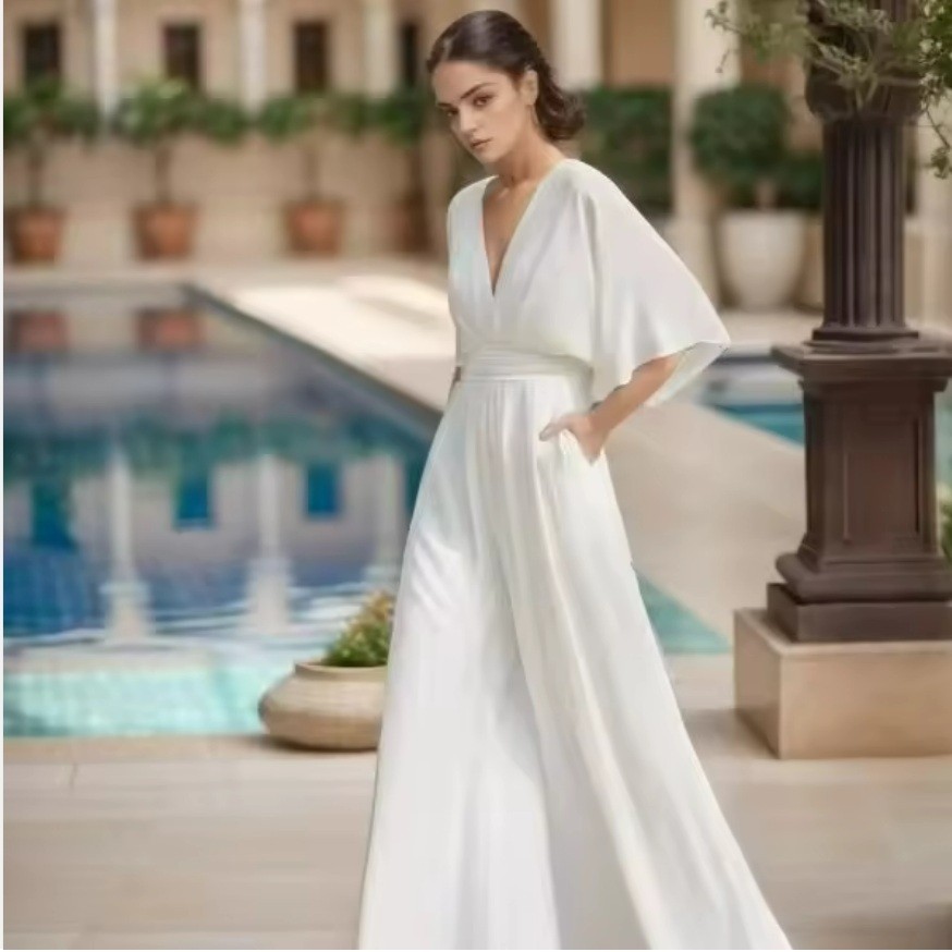 Sustainable Eco Friendly 100% Linen Solid V Neck Short Sleeve Wide Leg Jumpsuit for Women Workwear Clothes Online Wholesale