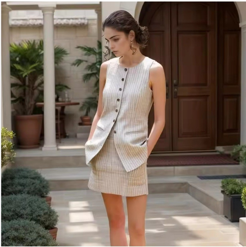 Eco-Friendly Linen-Blend Striped Low Rise Pocket Skirt for Women Soft Workwear Clothes Natural Sustainable Online Wholesale