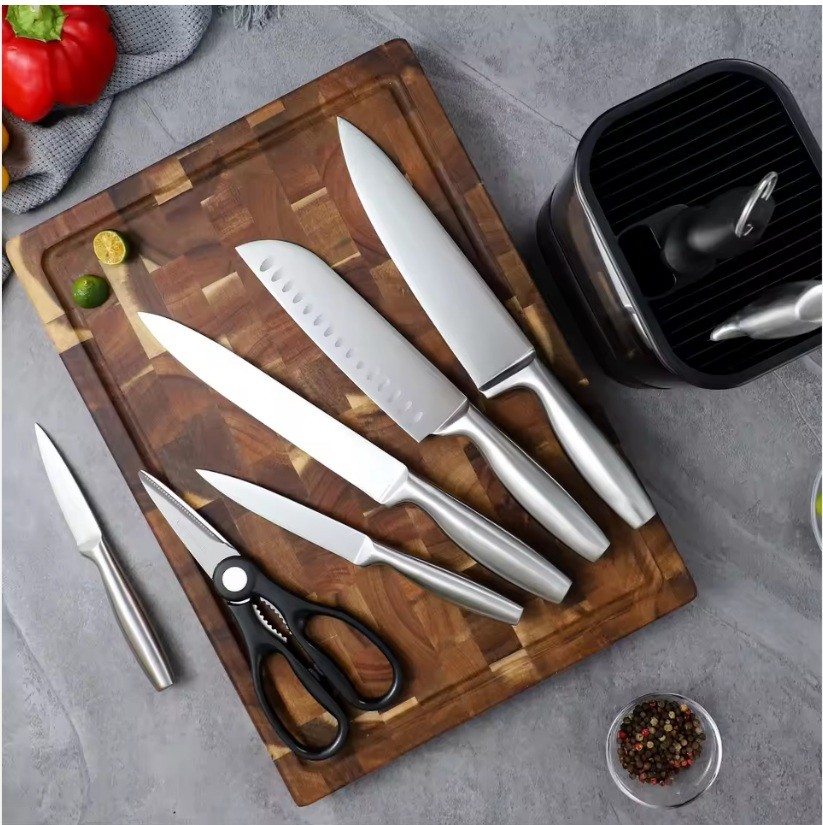 High Quality Traditional Metal Kitchen Cutter Cooking Knives Set Hollow Handle Kitchen Chef Knife Kit with Stainless Steel Block