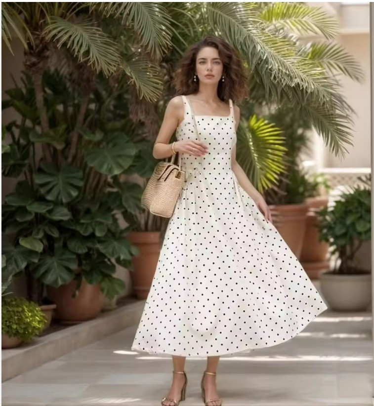 Elegant Square Neck Polka Dot Ruched Zipper Ruffle Hem Women Ladies Maxi Casual Summer Evening Dress Clothes Wholesale Supplier