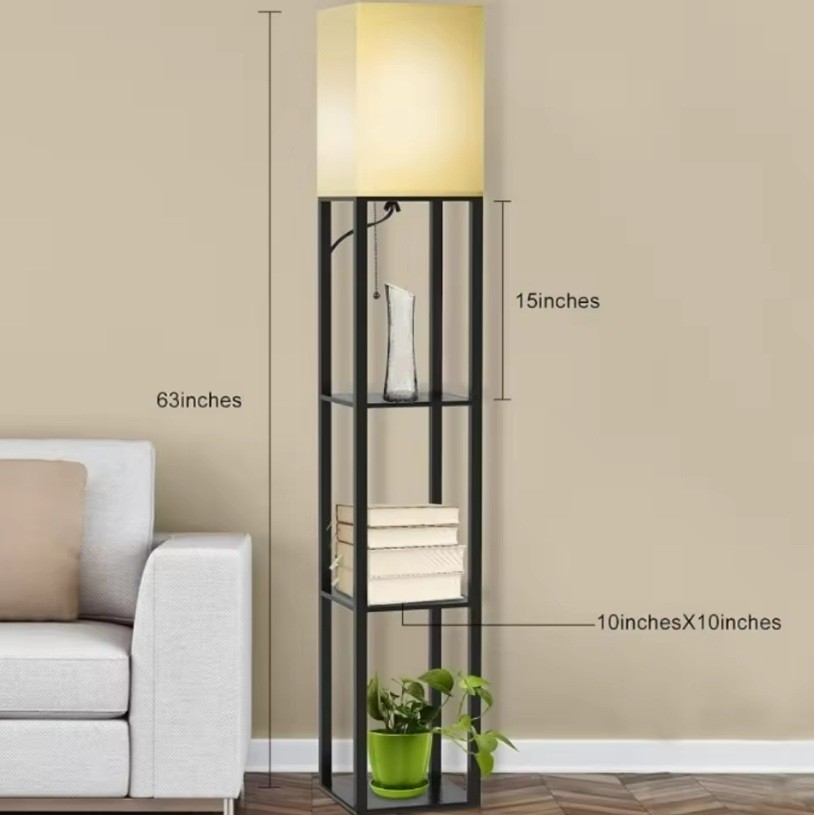 LED Iron Frame Small Floor Lamp with E27 and Storage Shelves for Living Room Bedroom Hotel Meetingroom