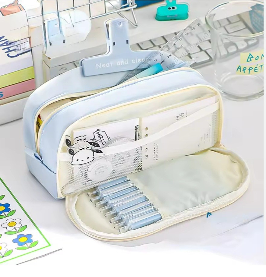 Large Capacity Double Layer Creative Macron Color Fabric Student Pencil Case Practical and Stylish